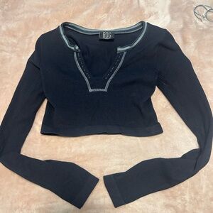BDG Black Ribbed Long Sleeve Cropped Top with Contrast Trim